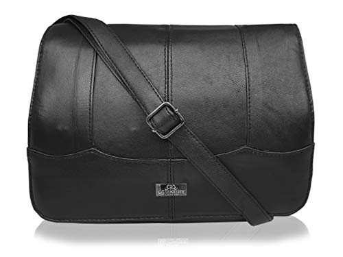 Quenchy London - Bolso Triple Sección de Cuero Real para Damas - Bolsa Cruzada con 8 Bolsillos - Una Sola Correa al Hombro Ajustable - Negro - Bandoleras de Diseñador - QL966 Negro