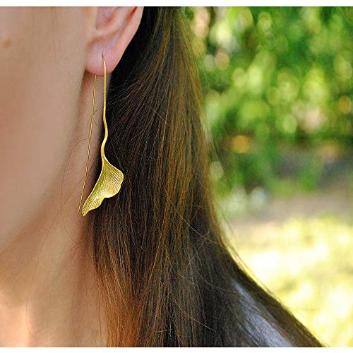 ♥ Regalo para ti♥ Springlight S925 Pendientes colgantes de plata esterlina Pendientes colgantes de hoja de ginkgo vintage para mujeres y niñas(Gold)