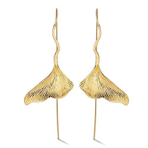 ♥ Regalo para ti♥ Springlight S925 Pendientes colgantes de plata esterlina Pendientes colgantes de hoja de ginkgo vintage para mujeres y niñas(Gold)
