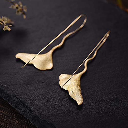 ♥ Regalo para ti♥ Springlight S925 Pendientes colgantes de plata esterlina Pendientes colgantes de hoja de ginkgo vintage para mujeres y niñas(Gold)