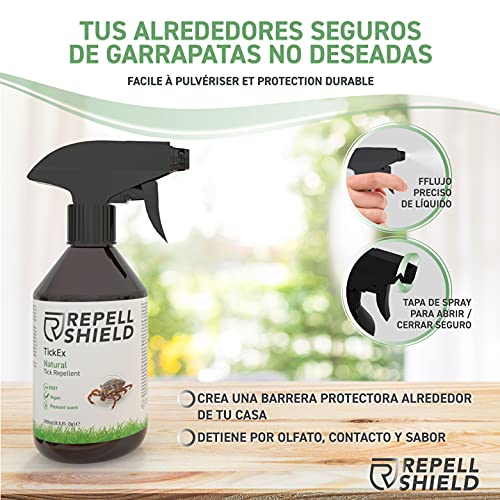 RepellShield Spray Repelente de Garrapatas - Antimosquitos Spray Natural - Repelente Pulgas Humanos, Garrapatas y Más Insectos - Repelente Mosquitos Spray y Garrapatas con Aceites Esenciales, 250 ml
