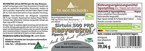 Resveratrol Sirtuin 500 PRO - con 5 mg de factor de biodisponibilidad de Piper nigrum - 500 mg de trans-resveratrol puro y natural - según el Dr. medicina Michalzik - de Biotikon®