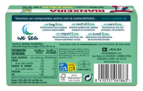 RIANXEIRA Pack de 8 Latas x 81g. de Sardinas (Sardinillas) en Aceite de Oliva Virgen Extra Ecológico y Flor de Sal. Presentación 6-8 piezas.
