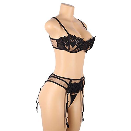 Ropa interior de tamaño manantial para mujer, traje de tres puntos huecos sexy de acero de acero sujetador Cinturón de liga T Pantalones Apretado atractivo de encaje