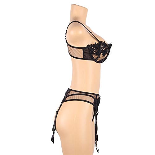 Ropa interior de tamaño manantial para mujer, traje de tres puntos huecos sexy de acero de acero sujetador Cinturón de liga T Pantalones Apretado atractivo de encaje