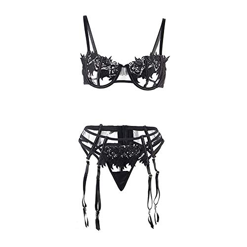 Ropa interior de tamaño manantial para mujer, traje de tres puntos huecos sexy de acero de acero sujetador Cinturón de liga T Pantalones Apretado atractivo de encaje