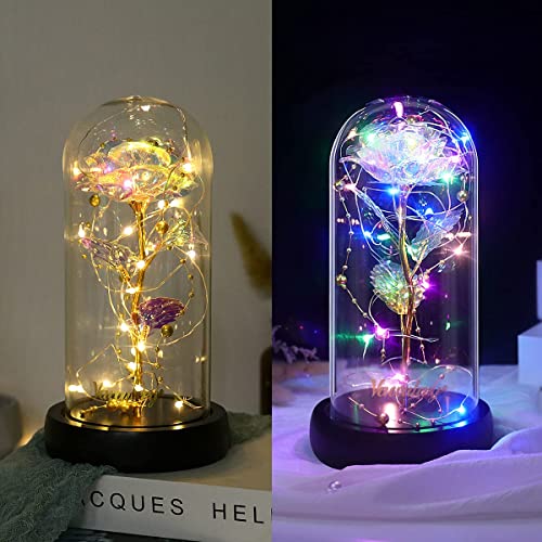 Rosa Bella y Bestia, Colorida Flor Artificial de Lámina de Oro Rosa y Luces de Hadas LED en Cúpula de Vidrio para la Decoración del Hogar del día de la Madre del día de San Valentín