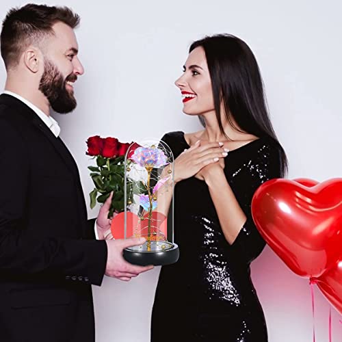 Rosa Bella y Bestia, Colorida Flor Artificial de Lámina de Oro Rosa y Luces de Hadas LED en Cúpula de Vidrio para la Decoración del Hogar del día de la Madre del día de San Valentín