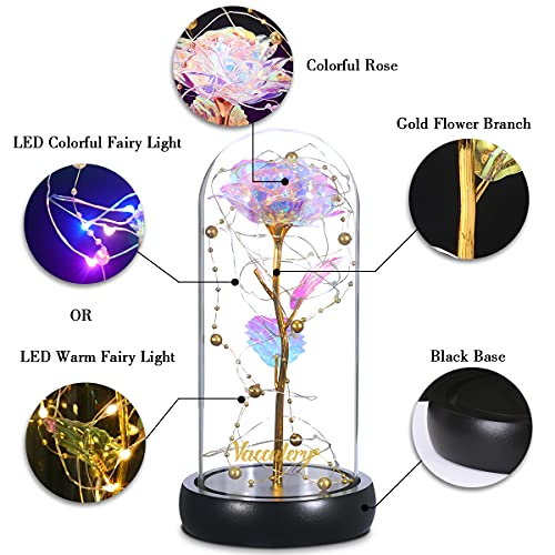 Rosa Bella y Bestia, Colorida Flor Artificial de Lámina de Oro Rosa y Luces de Hadas LED en Cúpula de Vidrio para la Decoración del Hogar del día de la Madre del día de San Valentín