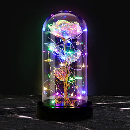 Rosa Bella y Bestia, Colorida Flor Artificial de Lámina de Oro Rosa y Luces de Hadas LED en Cúpula de Vidrio para la Decoración del Hogar del día de la Madre del día de San Valentín