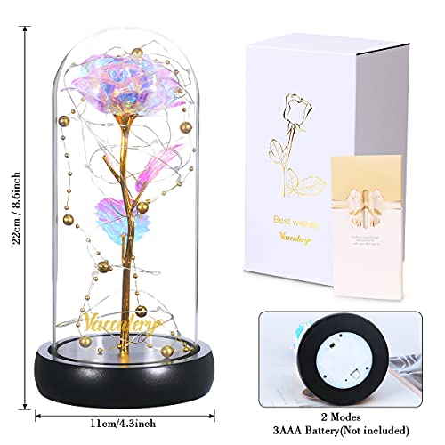 Rosa Bella y Bestia, Colorida Flor Artificial de Lámina de Oro Rosa y Luces de Hadas LED en Cúpula de Vidrio para la Decoración del Hogar del día de la Madre del día de San Valentín