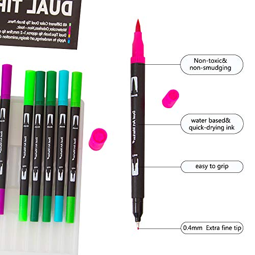Rotuladores Lettering 48 Colores Rotuladores de punta doble, Pincel Rotuladores Acuarelables Plantillas Rotuladores Caligrafía Cómics adultos y niños, dibujar, hacer bocetos, pintar