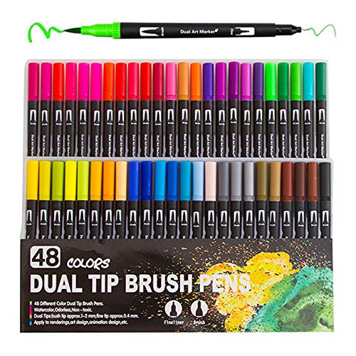 Rotuladores Lettering 48 Colores Rotuladores de punta doble, Pincel Rotuladores Acuarelables Plantillas Rotuladores Caligrafía Cómics adultos y niños, dibujar, hacer bocetos, pintar