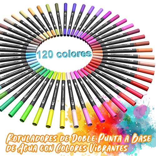 Rotuladores Lettering BOIROS 120 Colores Rotuladores Punta Pincel Rotuladores de Doble Punta Brush Pen, Rotuladores Profesionales, Marcadores Para Dibujos, Caligrafía, Colorear, Rotulador Permanente
