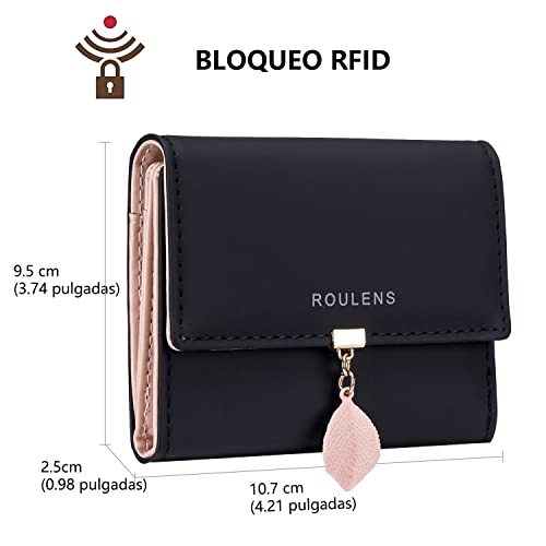 Roulens Cartera de Mujer con RFID Monedero Corto Adorno Hoja Colgante Cartera Minimalista con Bolsillo de Cremallera para Monedas
