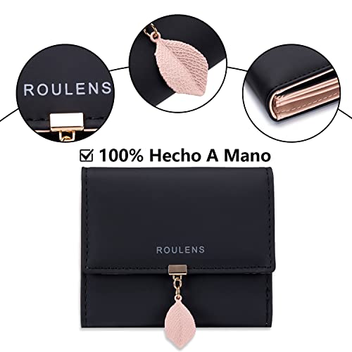 Roulens Cartera de Mujer con RFID Monedero Corto Adorno Hoja Colgante Cartera Minimalista con Bolsillo de Cremallera para Monedas