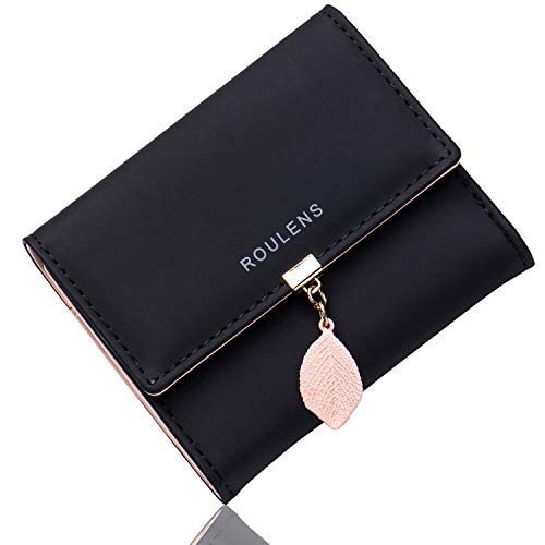 Roulens Cartera de Mujer con RFID Monedero Corto Adorno Hoja Colgante Cartera Minimalista con Bolsillo de Cremallera para Monedas