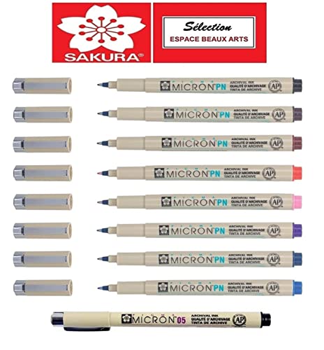 Sakura Pigma Micron PN - Set de 8 lápices Pigma Micron Everyday Pens y 05 NEGRO - Made in Japan