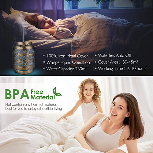 SALKING Humidificador Aceites Esenciales de Metal,260ml Difusor de Aceites Esenciales con LED de 7 Colores y 4 Temporizadores, Humidificador Ultrasonico,para el Hogar,Regalos Originales para Mujer