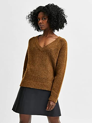 SELECTED FEMME Jersey femenino con cuello en V, mezcla de lana, marrón, XXL