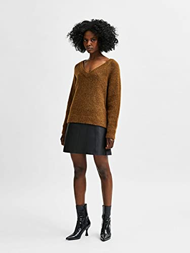 SELECTED FEMME Jersey femenino con cuello en V, mezcla de lana, marrón, XXL
