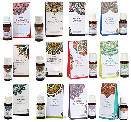 Set de 12 Aceites Aromáticos | Lavanda , Mirra , Sandalo , Romero , Almizcle , Rosa , Citronella , Salvia Blanca , Palo Santo, Ruda , Menta y Patchouli | Incluyen Estuche y dosificador