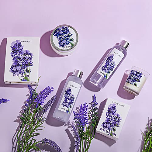 Set de Regalo Mujer, Body&Earth Cestas Regalo Mujer 7 Piezas Lavanda con Baño de Burbujas, Gel de Ducha, Vela Perfumada, Sales de Baño, Loción Corporal, Jabón Pack Mujer Regalo para Cumpleaños Navidad