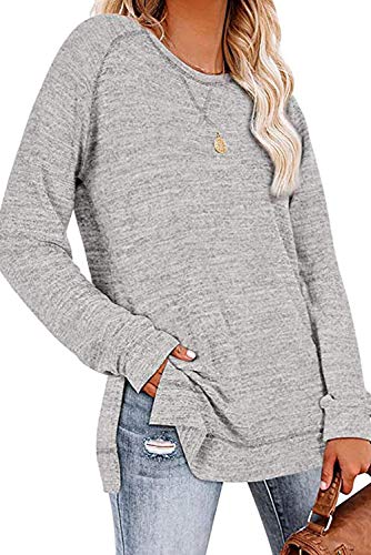 SMENG Shirts - Jersey de manga larga para mujer, cuello redondo, túnica, gris claro., XL