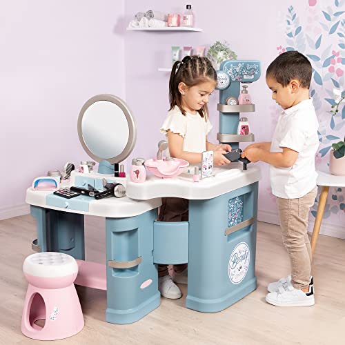 Smoby - My Beauty Center- Centro de Belleza con 3 Zonas, Cosmética, Peluquería y Caja Mostrador, Incluye 32 Accesorios, Para Niños a Partir de 3 Años, Medidas Montado: 97.5 x 51.4 x 100.2 cm