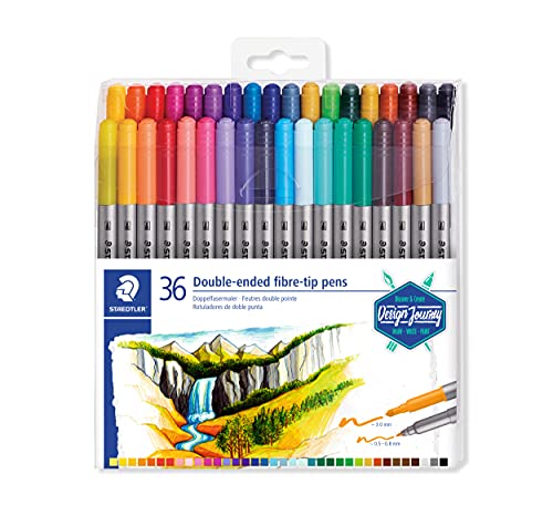 STAEDTLER Design Journey 3200 TB36, Rotuladores para lettering de doble punta, Caja con 36 marcadores de colores variados