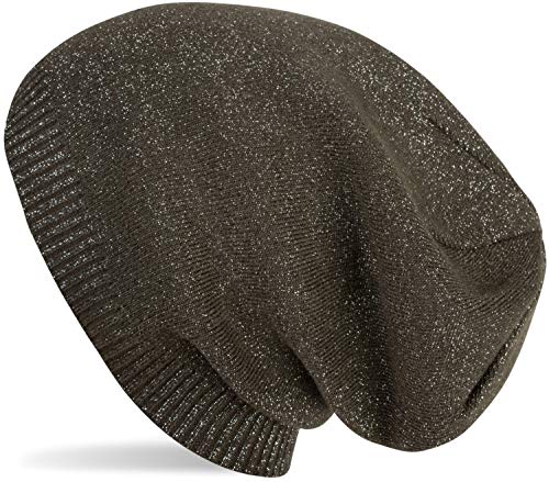 styleBREAKER Gorro Beanie de Punto Fino con Hilos centelleantes, Slouch, Beanie Largo, señora 04024142, Color:Verde Oliva