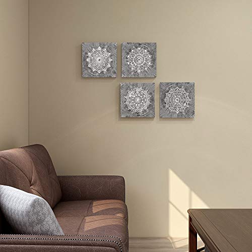 SUMGAR Cuadros en Lienzo Mandalas Decoración Salón Dormitorios Baño con Mural Impresiones Grises de Modernos Boho Flores Imágenes Floral Obra de Arte Decoraciones Indias 30x30cm,Set de 4