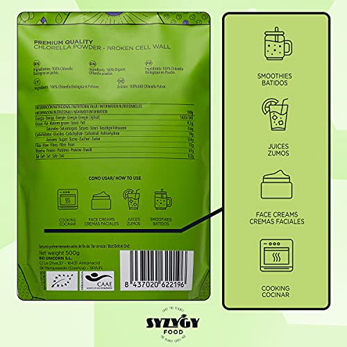 SYZYGY FOOD | Chlorella en Polvo Ecológica Certificada | 500g | Máxima Pureza 100% BIO Chlorella Pared Celular Rota | Proteína Vegana | Detox - Vegano - Saciante | B12 - Vitaminas - Minerales