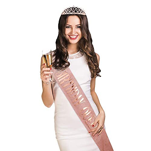 tao pipe Corona Cumpleaños Cinturón de Cumpleaños Tiaras de Niña Accesorios de Cumpleaños con Purpurina Dorada Rosa para Mujeres Niñas 16, 18, 21, 30, 40, 50, 60 Cumpleaños(Birthday Queen)
