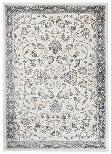 TAPISO Colección Dubai Alfombra de Salón Sala Piso Vintage Clásico Oriental Color Crema Gris Azul Marrón Diseño Flores Hojas Fácil Mantenimiento 120 x 170 cm