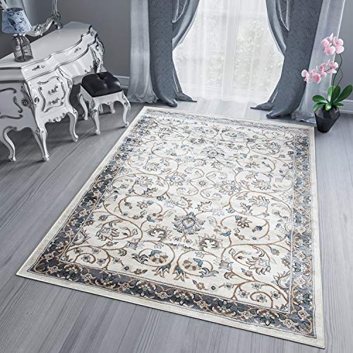 TAPISO Colección Dubai Alfombra de Salón Sala Piso Vintage Clásico Oriental Color Crema Gris Azul Marrón Diseño Flores Hojas Fácil Mantenimiento 120 x 170 cm