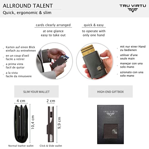 TRU VIRTU® Tarjetero Click & Slide Nappa Marrón/Negro I Estuche para Tarjetas de crédito I Tarjetero con protección RFID-NFC I Billetera de Genuino Cuero Italiano I Billetera I Slim Wallet