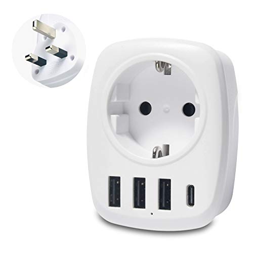 Unidapt Adaptador de Viaje para Reino Unido UK Adaptador de Enchufe para Reino Unido, 3 Puertos USB + 1 Tipo C, Adaptador de Corriente de 2 Pines a 3 para España de Europa GB Gran Bretaña Dubái Tipo G