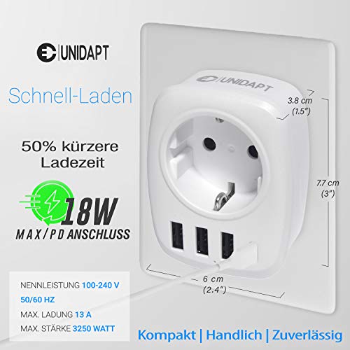 Unidapt Adaptador de Viaje para Reino Unido UK Adaptador de Enchufe para Reino Unido, 3 Puertos USB + 1 Tipo C, Adaptador de Corriente de 2 Pines a 3 para España de Europa GB Gran Bretaña Dubái Tipo G