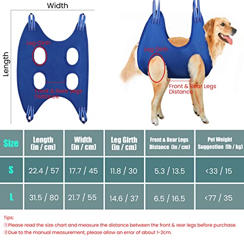 VavoPaw Hamaca de Aseo Multifuncional para Perros Gatos, Arnés de Soporte Duradero Seguro Cuidado de Uñas Ojos Oídos con Peine Kit de Peluquería para Mascotas Baño Corte Examen Físico, Talla L, Azul
