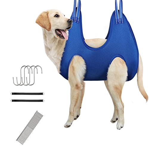 VavoPaw Hamaca de Aseo Multifuncional para Perros Gatos, Arnés de Soporte Duradero Seguro Cuidado de Uñas Ojos Oídos con Peine Kit de Peluquería para Mascotas Baño Corte Examen Físico, Talla L, Azul