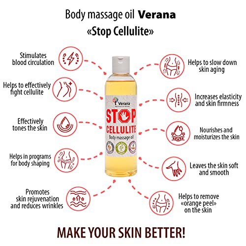 Verana aceite de masaje corporal Stop Cellulite, cosmético natural para todo tipo de pieles, Efecto Anticelulítico i Rejuvenecedor, favorece la quema y degradación de grasas, aromaterapia 250 ml