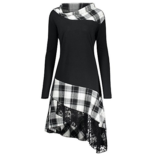Vestido de Mujer Primavera Manga Larga Vestido de Cuadros y de Encaje en Color de Contraste (Blanco+Negro, XL)