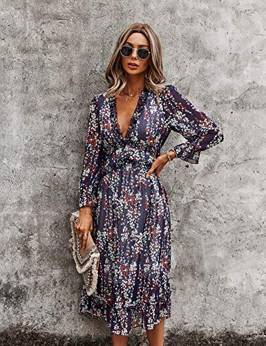 Vestido Mujer Bohemio Largo Verano Playa Fiesta Floral Manga Larga Cuello en V Maxi Vestidos Cóctel Falda Larga Vestido Swing Armada L