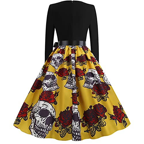 Vestidos de Halloween Manga Larga de Las Mujeres Años 50 Falda de Cuello Redondo Vintage Rockabilly Clásico de Impresión De La Vendimia Calabazas Cóctel Navidad Vestido Elegante de Fiesta(A03,3XL)