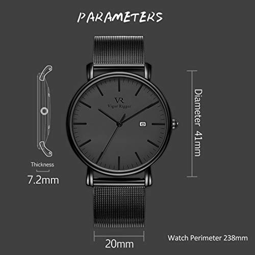 Vigor Rigger Reloj de Cuarzo para Hombre y Mujer, Reloj de Pulsera Ultra Fino Negro para Hombre con Diseño Minimalista clásico con Calendario de Fecha y Correa de Acero Inoxidable