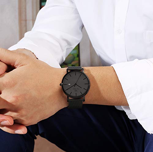Vigor Rigger Reloj de Cuarzo para Hombre y Mujer, Reloj de Pulsera Ultra Fino Negro para Hombre con Diseño Minimalista clásico con Calendario de Fecha y Correa de Acero Inoxidable