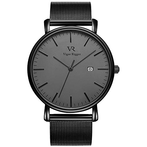 Vigor Rigger Reloj de Cuarzo para Hombre y Mujer, Reloj de Pulsera Ultra Fino Negro para Hombre con Diseño Minimalista clásico con Calendario de Fecha y Correa de Acero Inoxidable