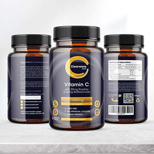Vitamina C 1000mg - 240 Comprimidos con Bioflavonoides y Rosa Mosqueta - Vegetariano y Vegano - Suministro para 8 meses - Clearwave Health