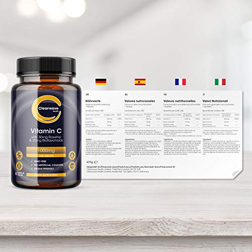 Vitamina C 1000mg - 240 Comprimidos con Bioflavonoides y Rosa Mosqueta - Vegetariano y Vegano - Suministro para 8 meses - Clearwave Health